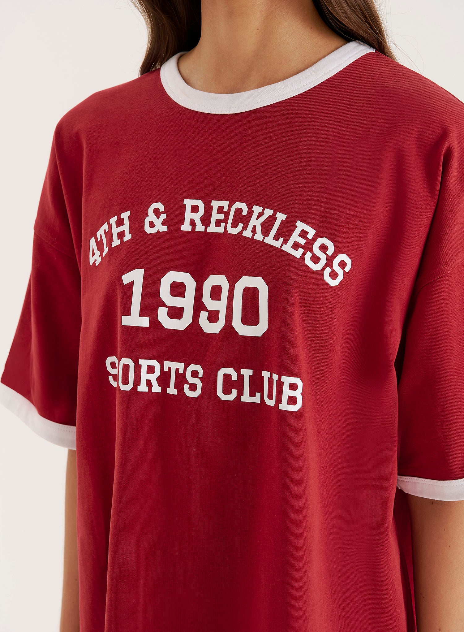 Red Contrast Trim Slogan T-Shirt